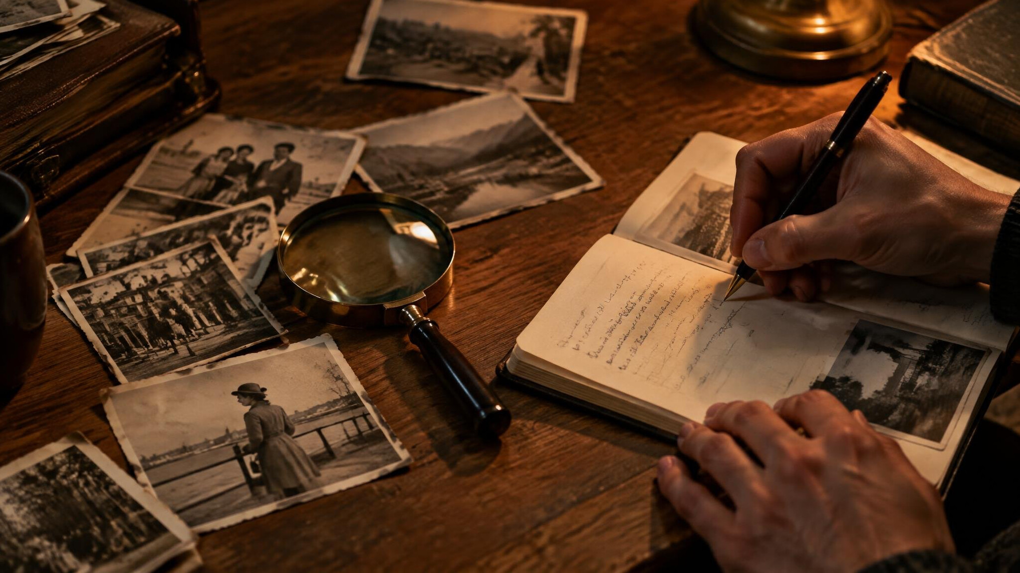 Hands writing in a notebook next to old photographs and a magnifying glass