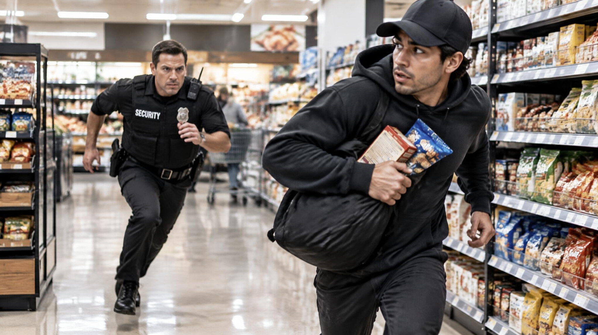 store detective chasing shoplifter
