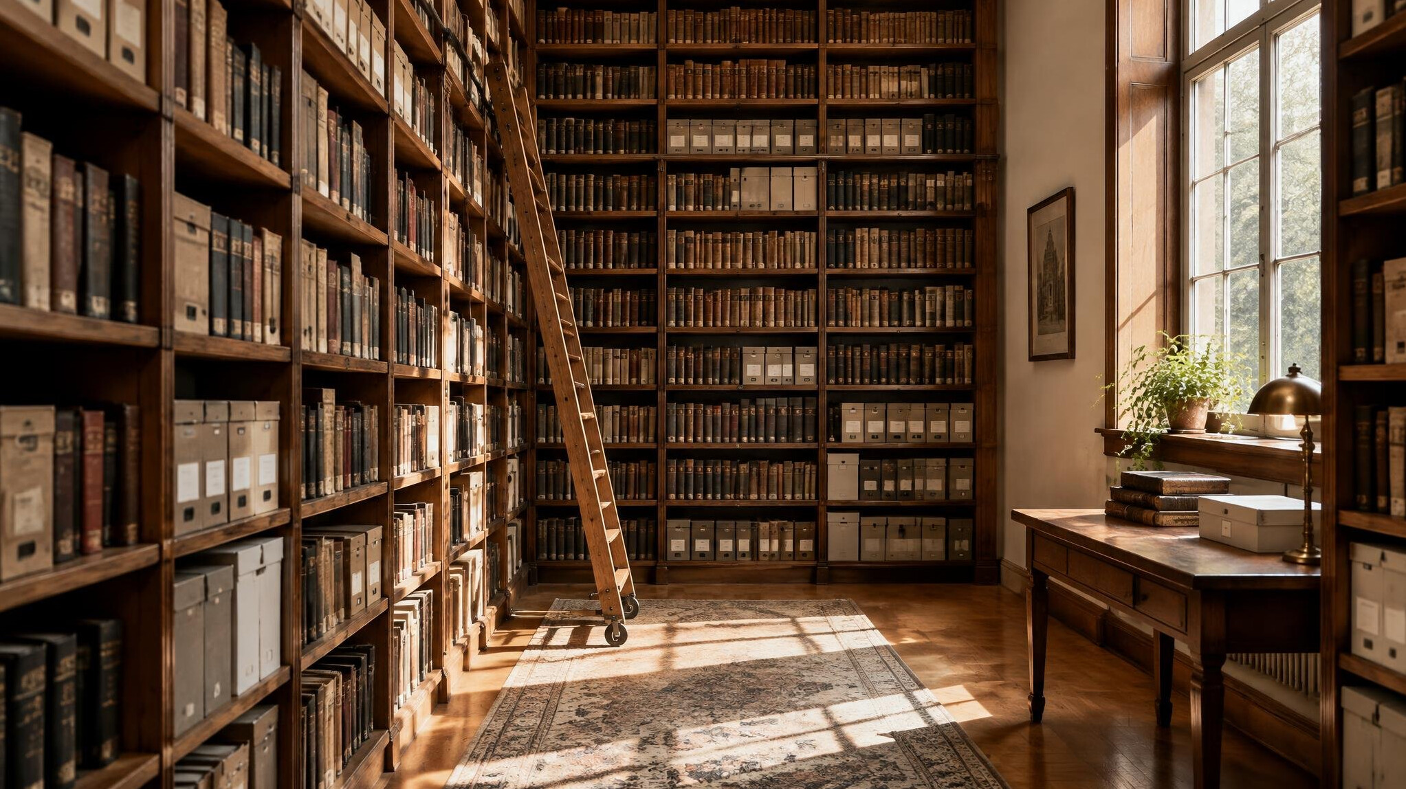 Tall bookshelves in a quiet archive room with a wooden ladder