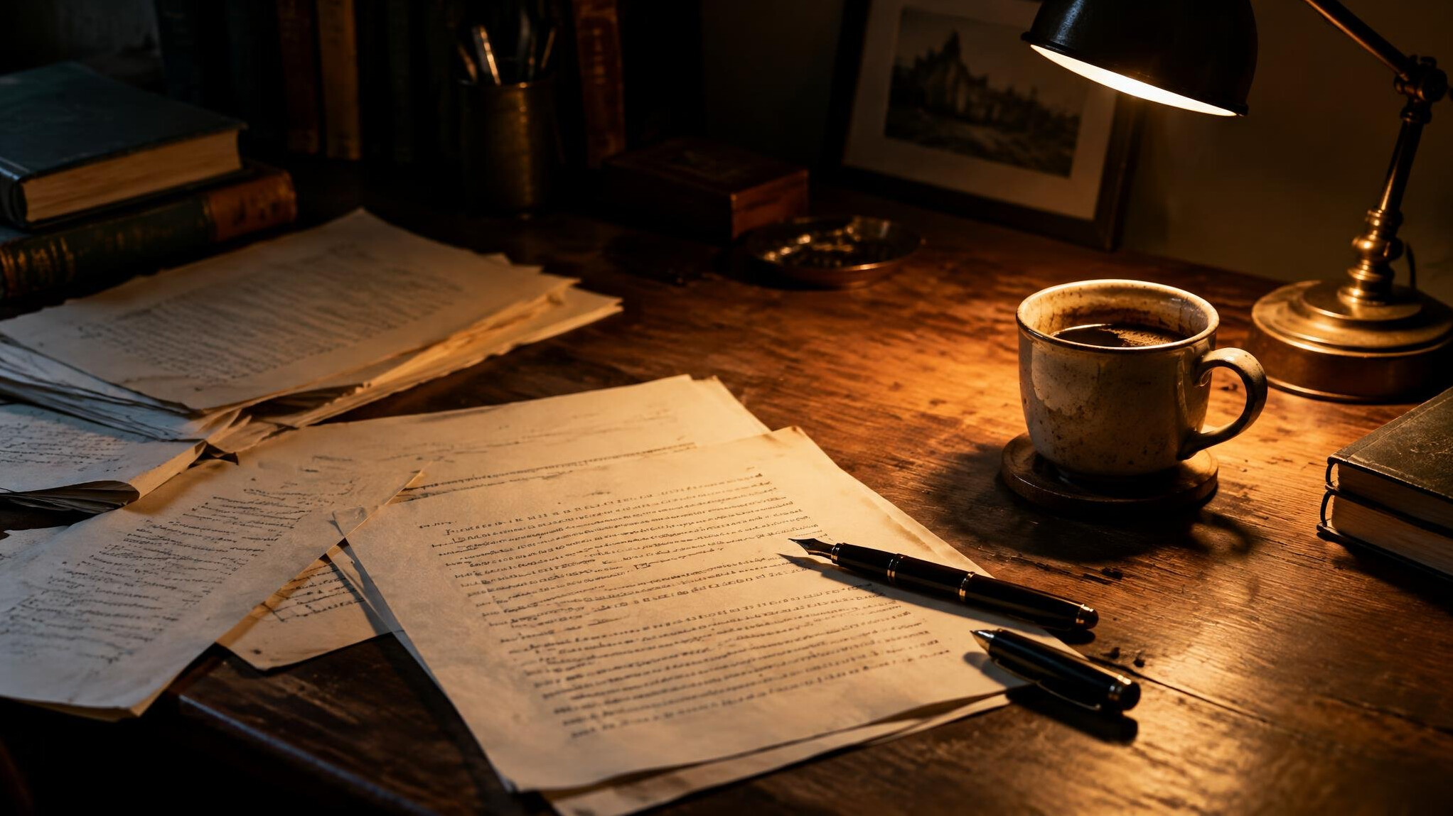Writer's desk with papers, fountain pen and coffee cup in moody light