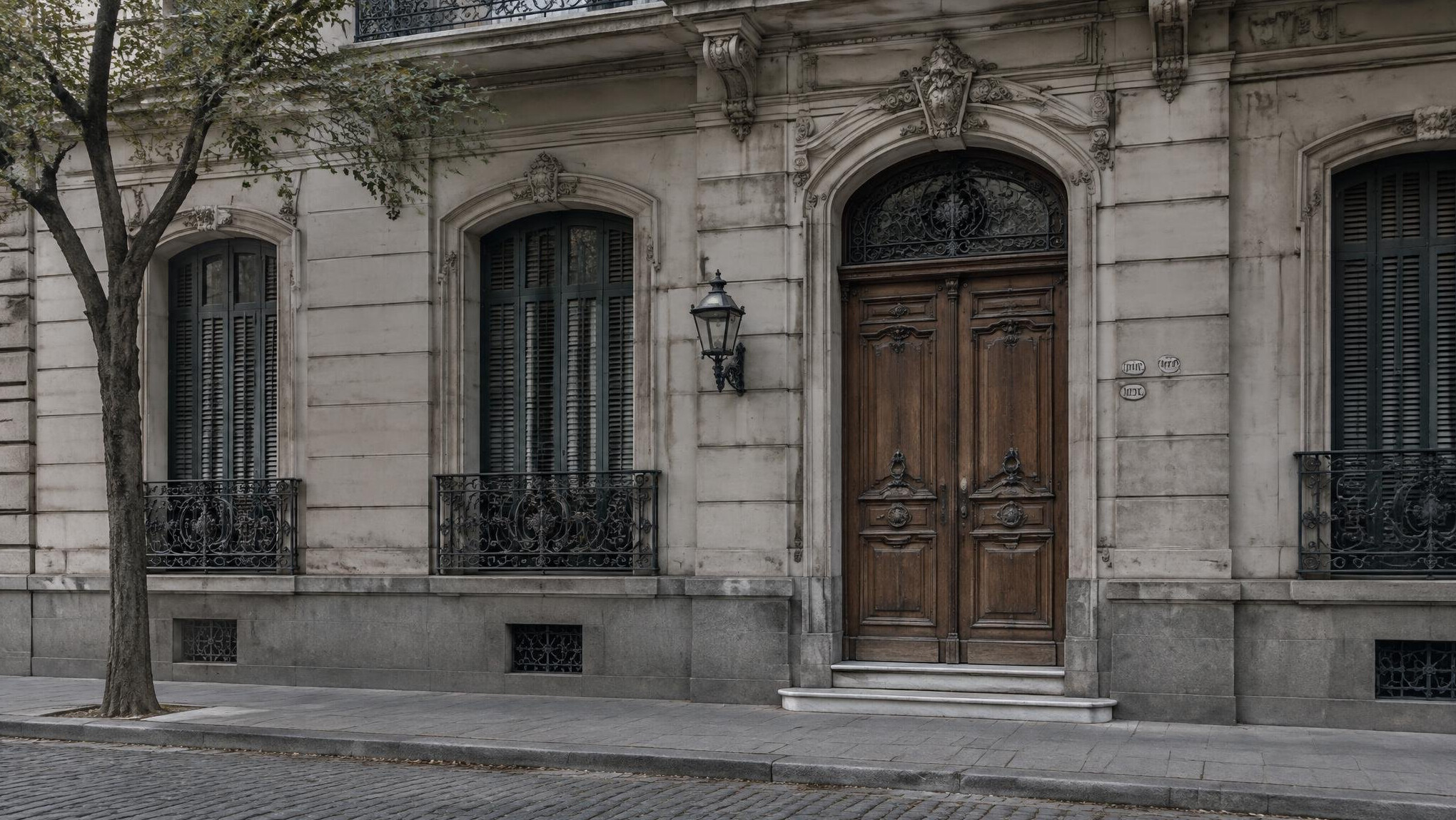 Historic building exterior with an old wooden door in Montevideo