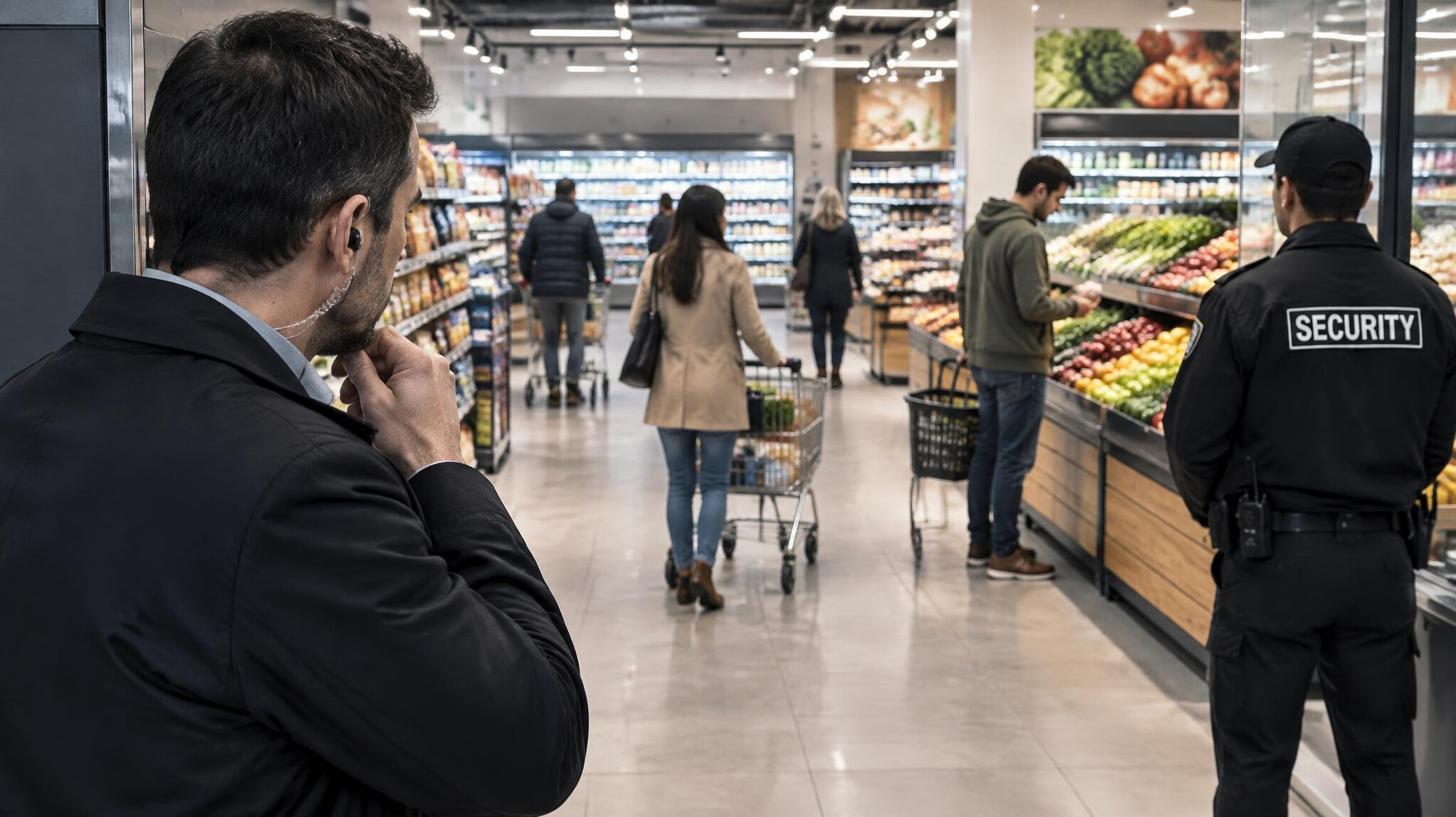 detective observing customers in supermarket