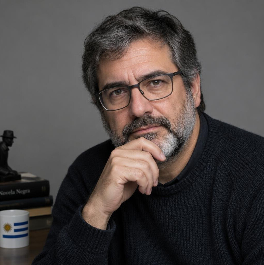 Studio portrait of a Uruguayan man detective fiction author with glasses