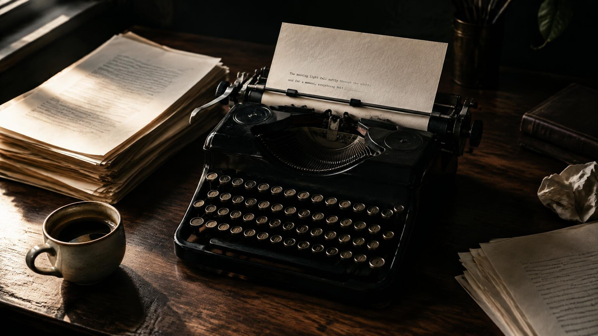 Vintage typewriter with typed pages on a dark wooden table