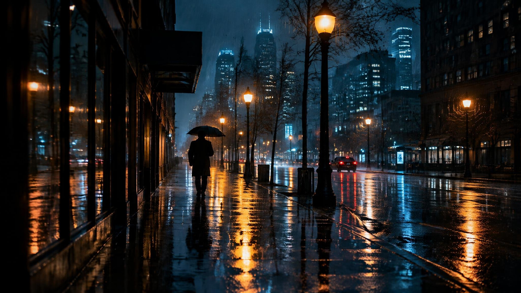 Silhouette walking with an umbrella on a rainy city street at night