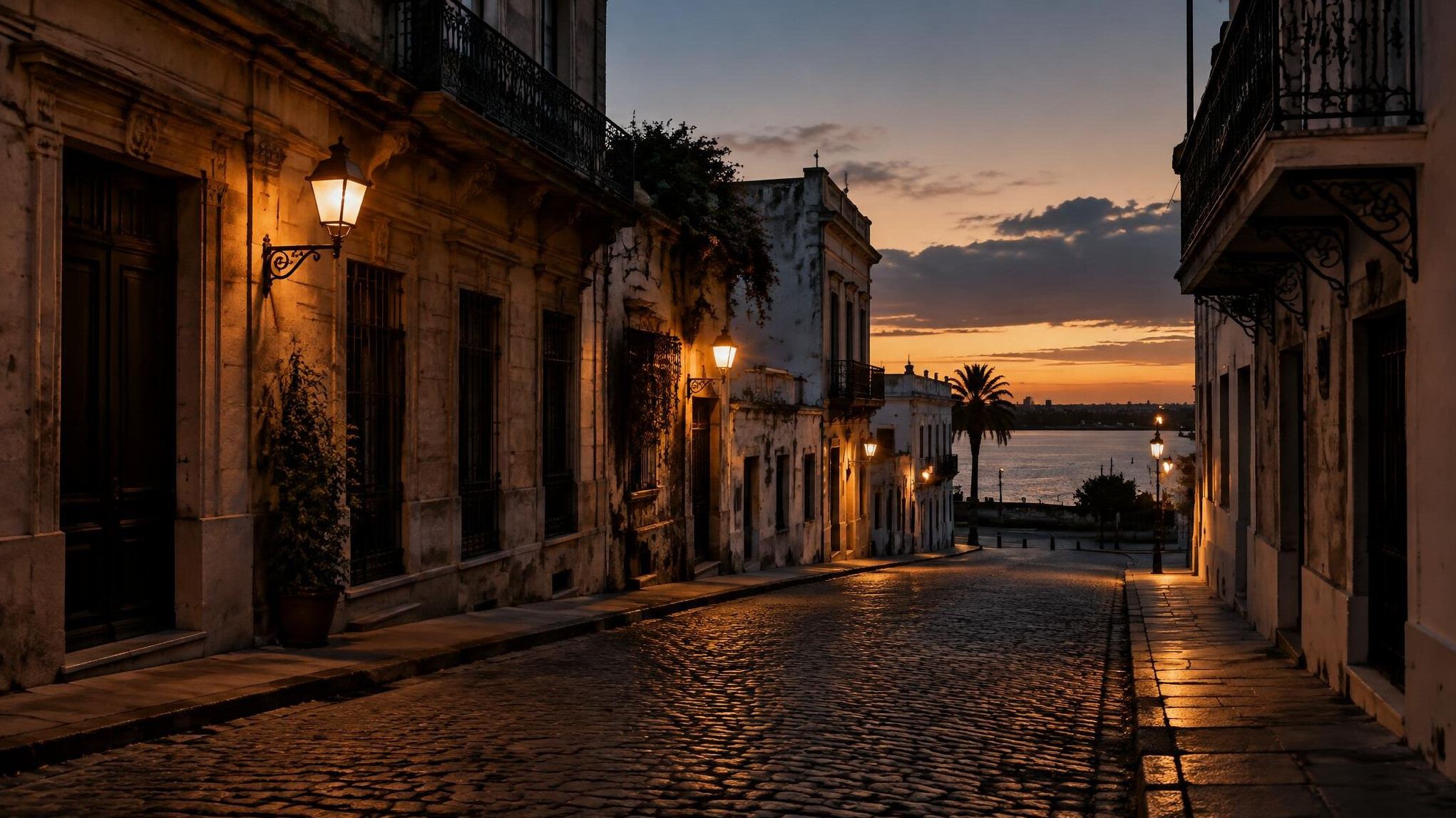 Empedrado street in the old town of Montevideo at dusk with historic facades