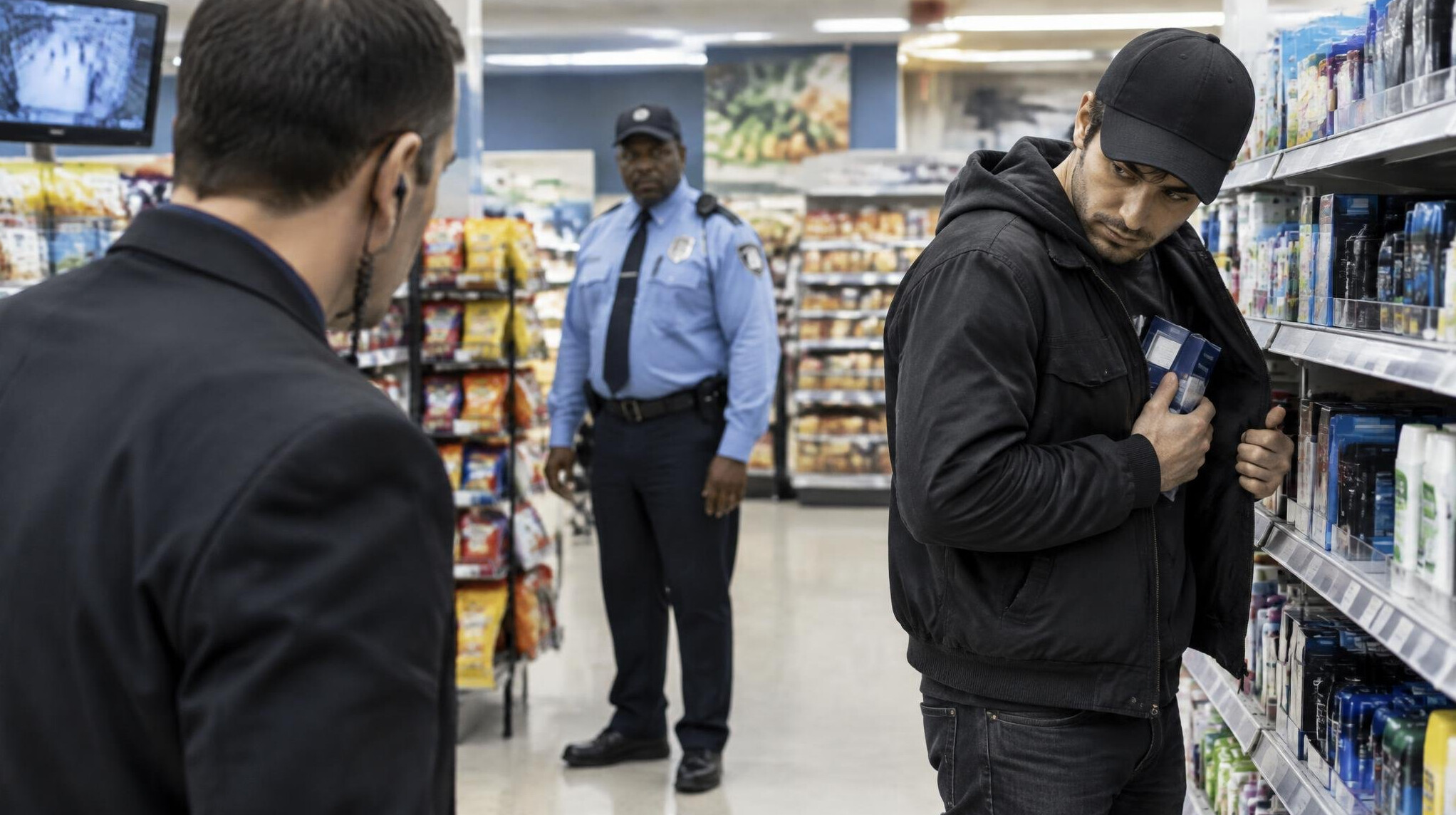 store detective watching thief