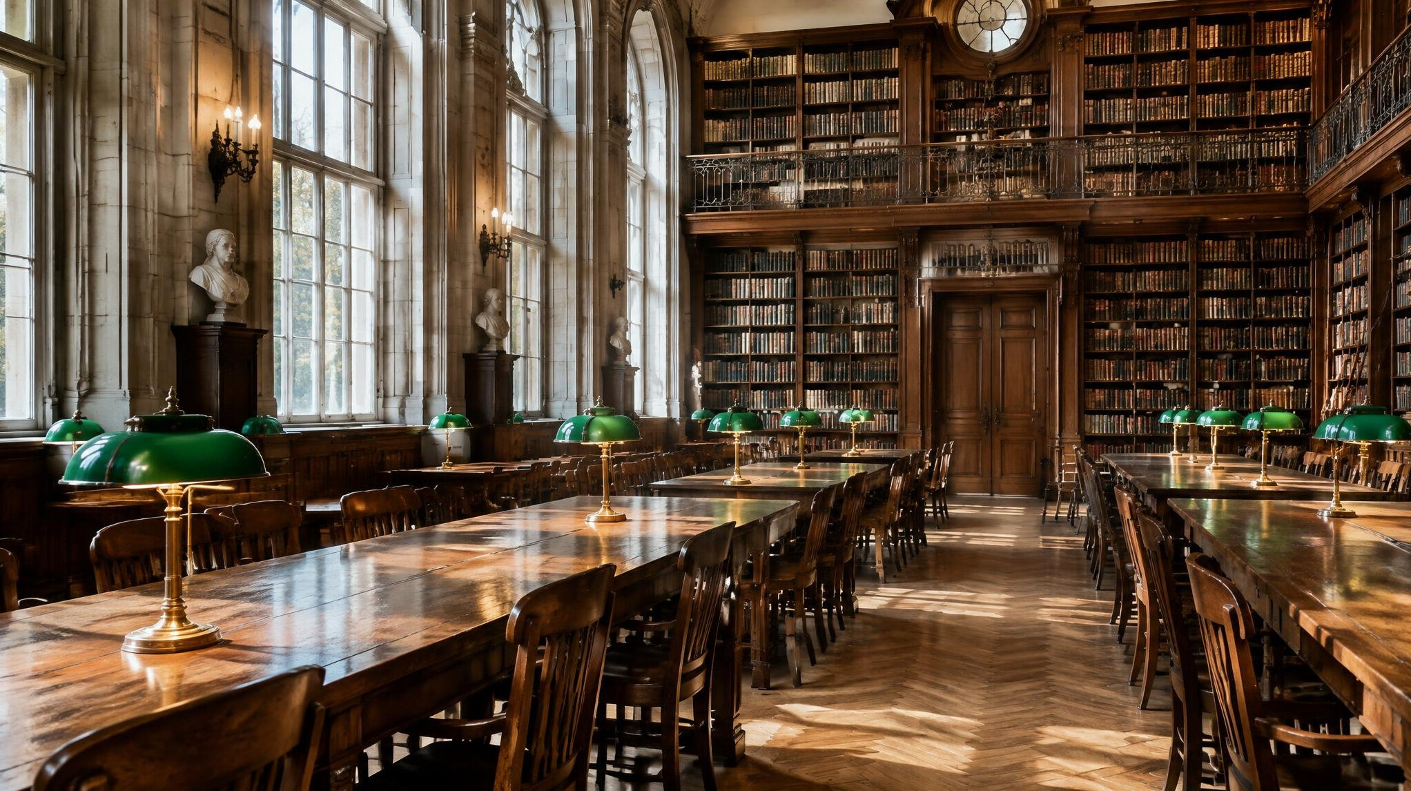 Old reading room in a historic archive with long wooden tables