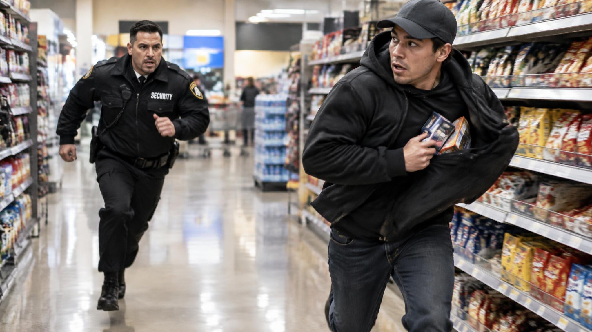 store detective chasing shoplifter