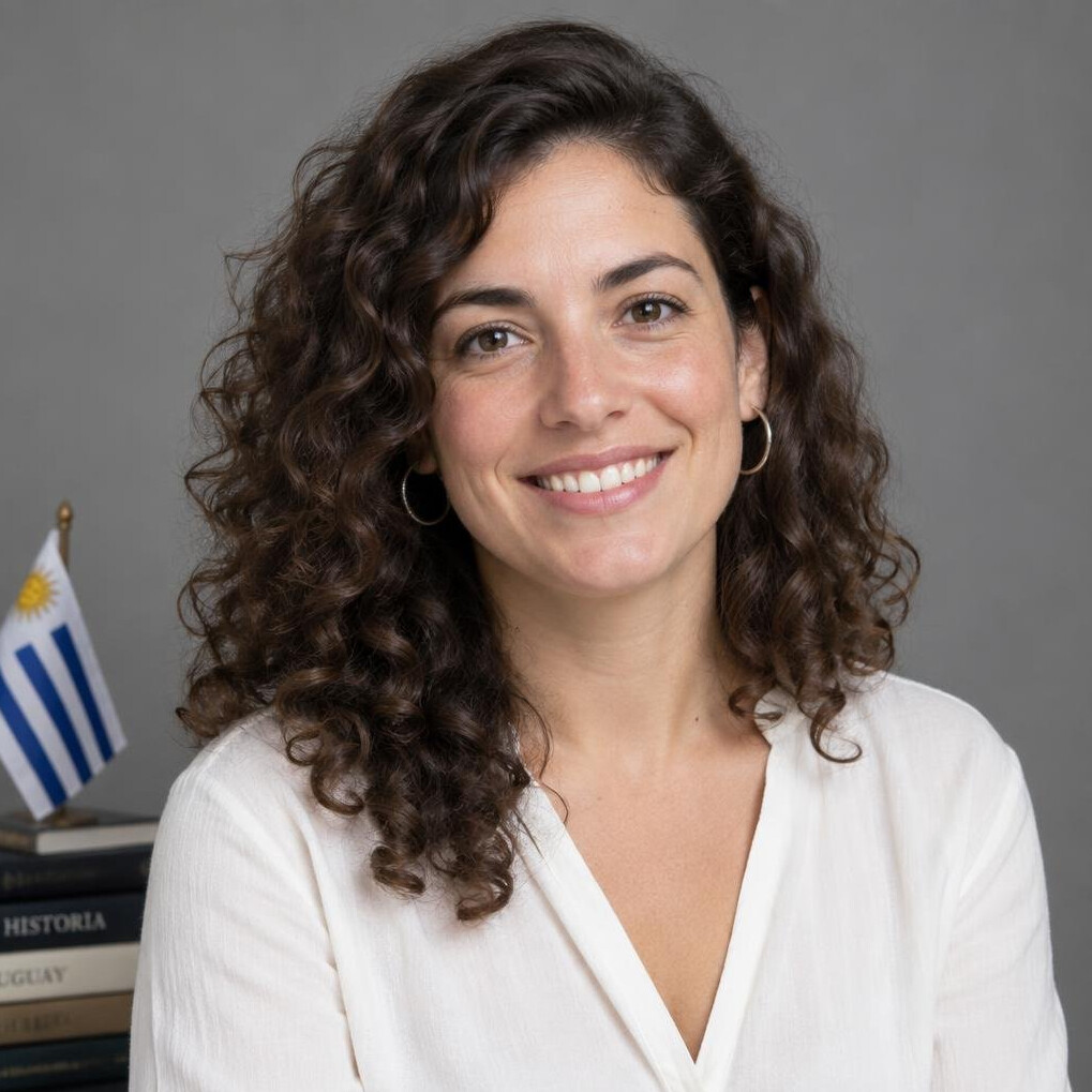 Studio portrait of a young Uruguayan woman historian with curly hair